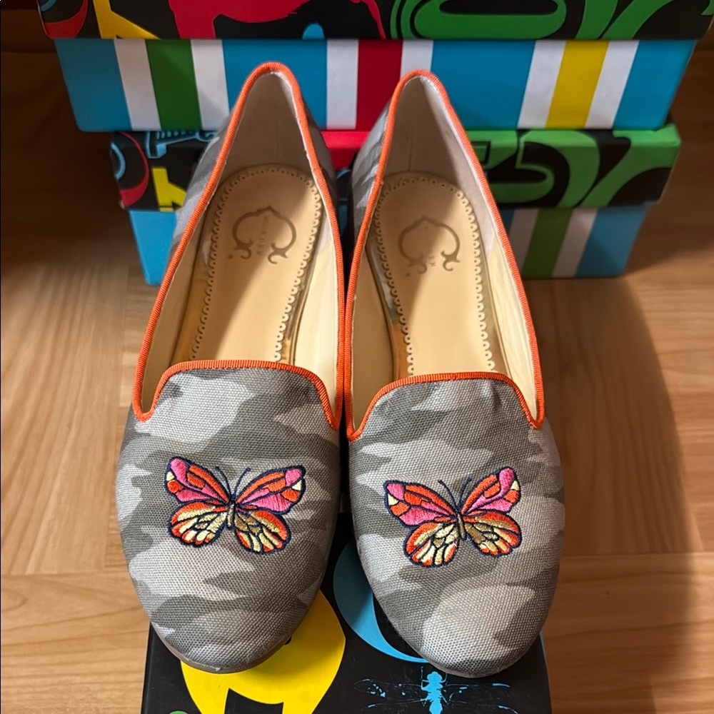 C. Wonder Gray and Orange Loafers with Butterfly Embroidery